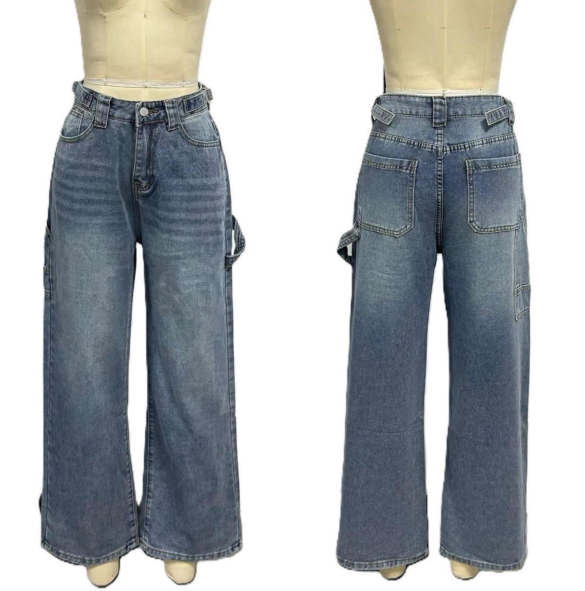 Vintage Wash Carpenter Wide Leg Jeans - Blue