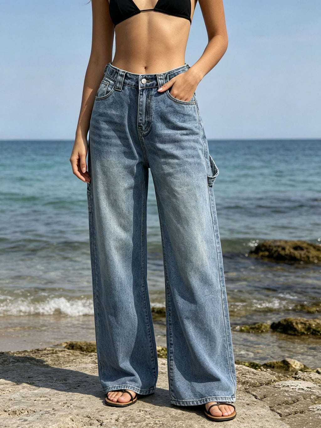 Vintage Wash Carpenter Wide Leg Jeans - Blue - 1