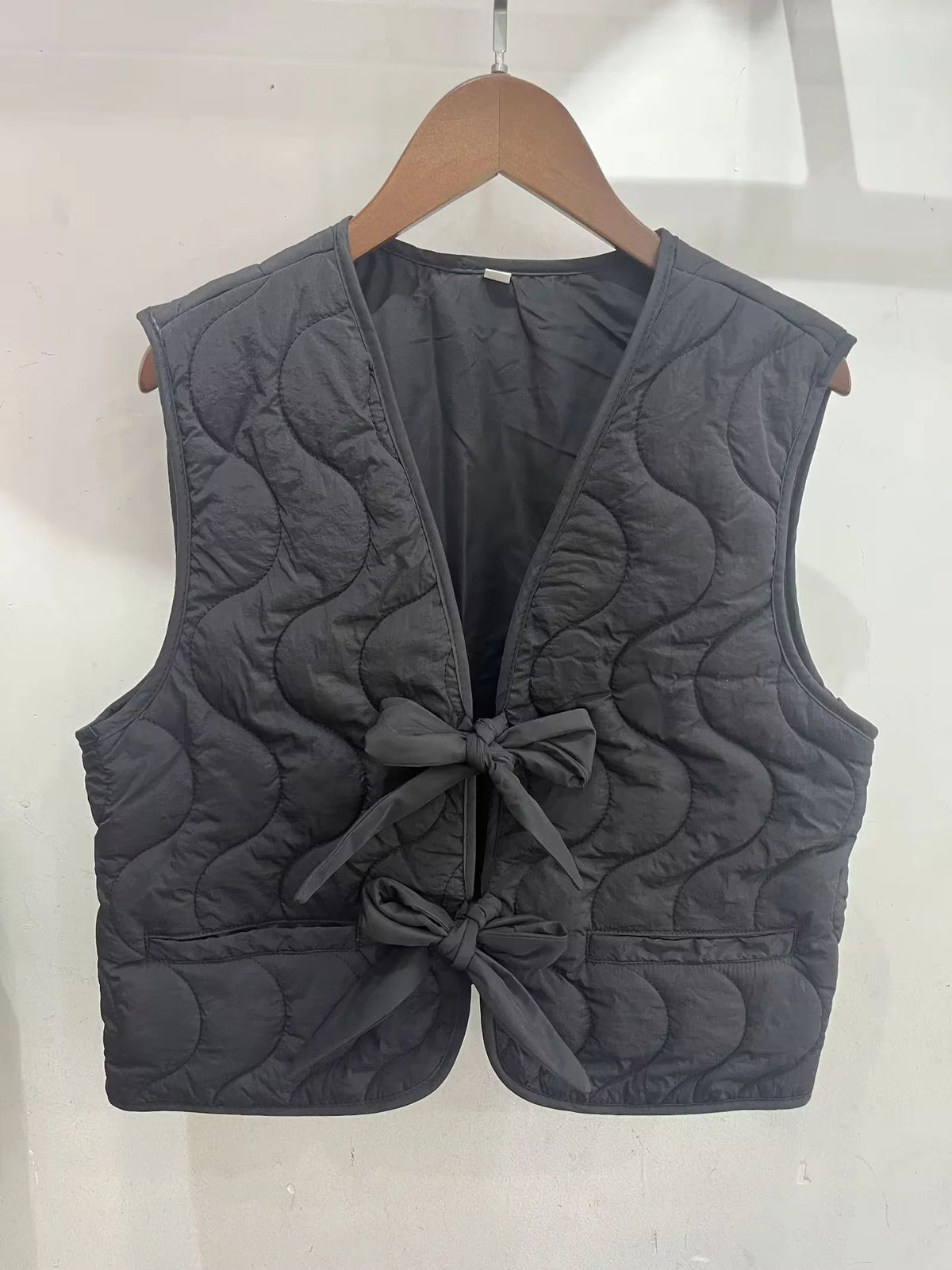 Quilted Bow Tie Padded Vest - Black