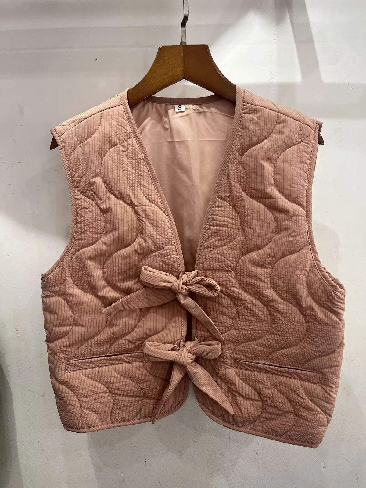 Quilted Bow Tie Padded Vest - Pink