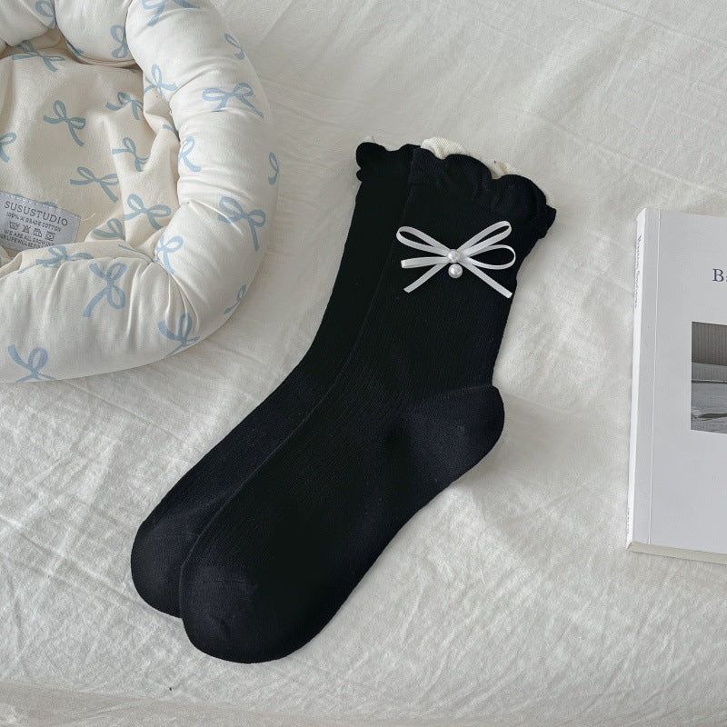 Beaded Bow Ruffle Trim Slouch Socks - Black