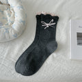Beaded Bow Ruffle Trim Slouch Socks - DarkGrey