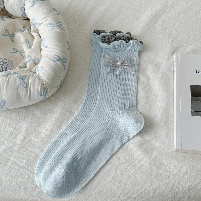 Beaded Bow Ruffle Trim Slouch Socks - LightBlue