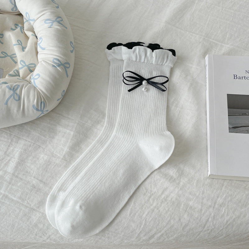 Beaded Bow Ruffle Trim Slouch Socks - White