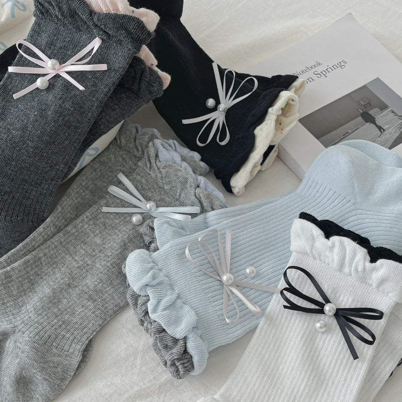 Beaded Bow Ruffle Trim Slouch Socks