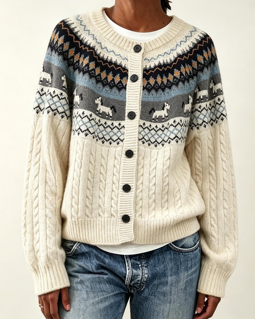 Nordic Horse Motif Button Front Knit Cardigan - Blue