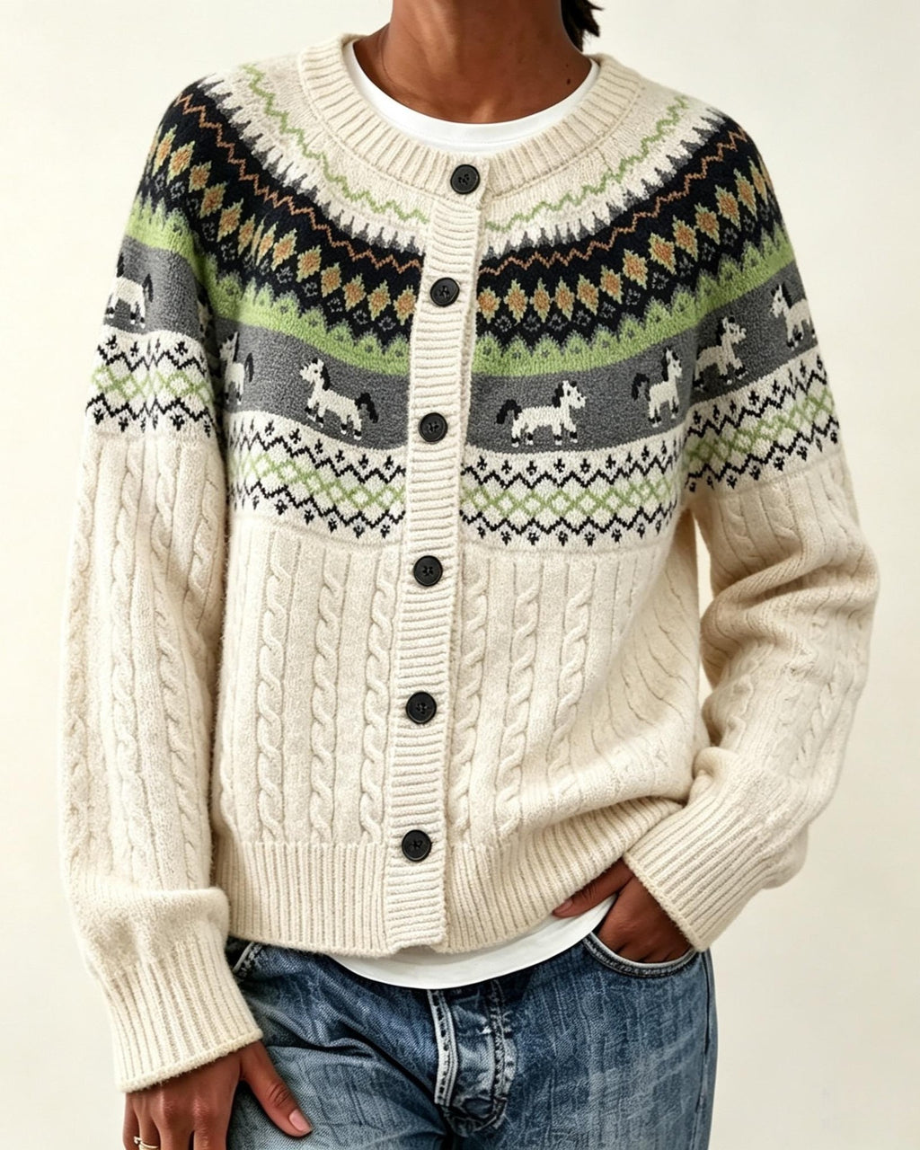 Nordic Horse Motif Button Front Knit Cardigan - Green