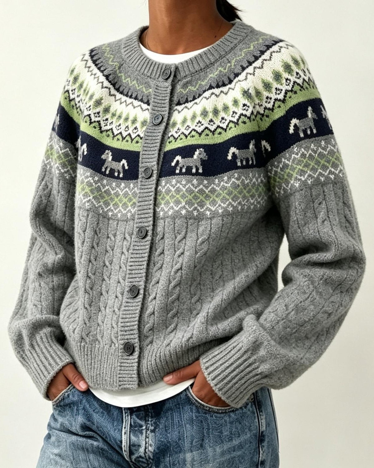 Nordic Horse Motif Button Front Knit Cardigan - Grey