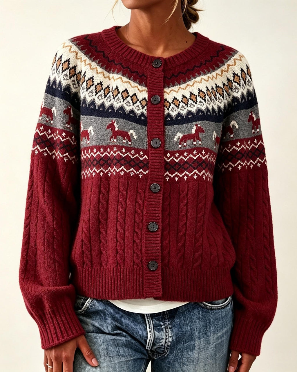 Nordic Horse Motif Button Front Knit Cardigan - Red
