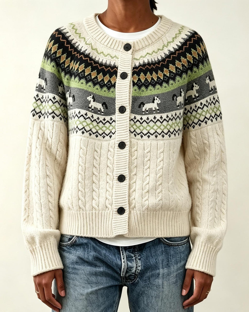 Nordic Horse Motif Button Front Knit Cardigan