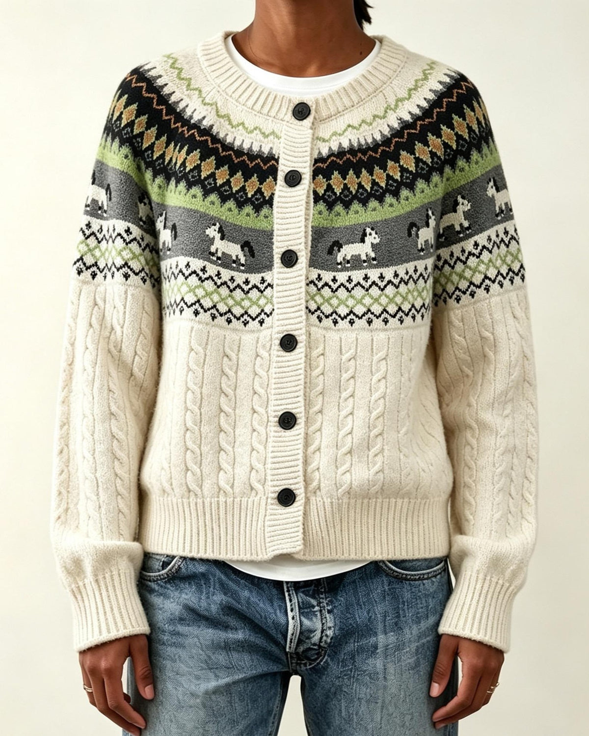 Nordic Horse Motif Button Front Knit Cardigan
