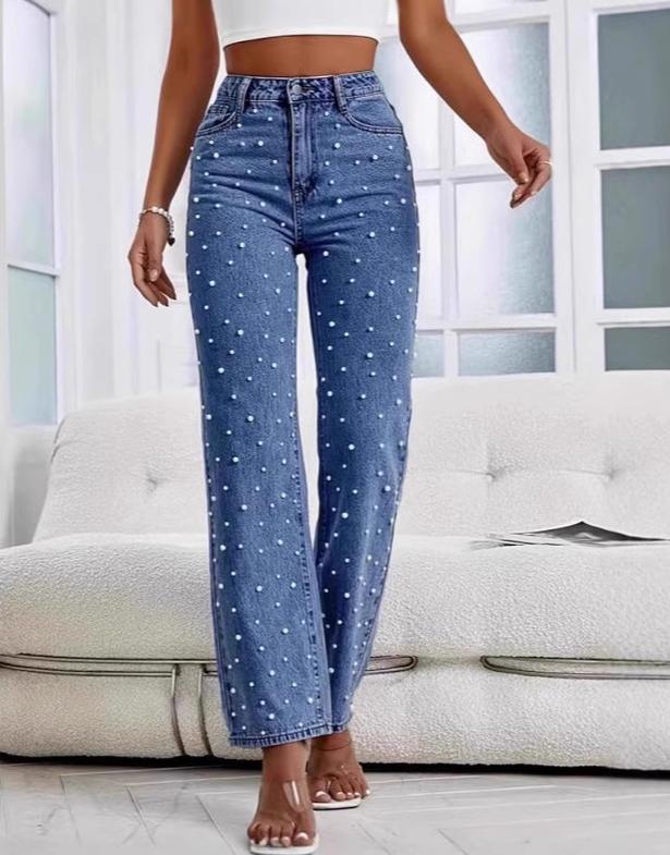 Pearl Beaded High Waist Straight Jeans - Navyblue