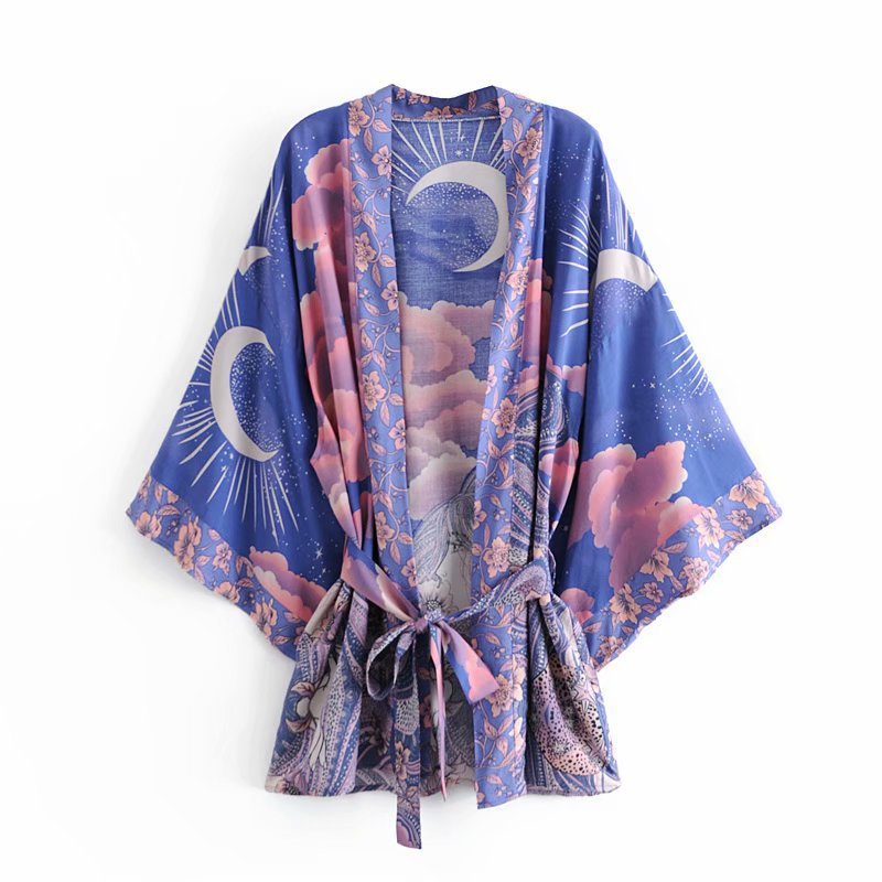 Celestial Moon Floral Boho Kimono - Blue