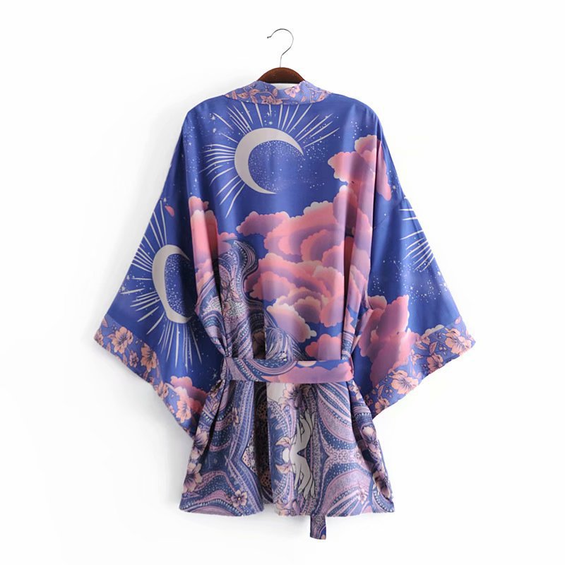 Celestial Moon Floral Boho Kimono - Blue - 1