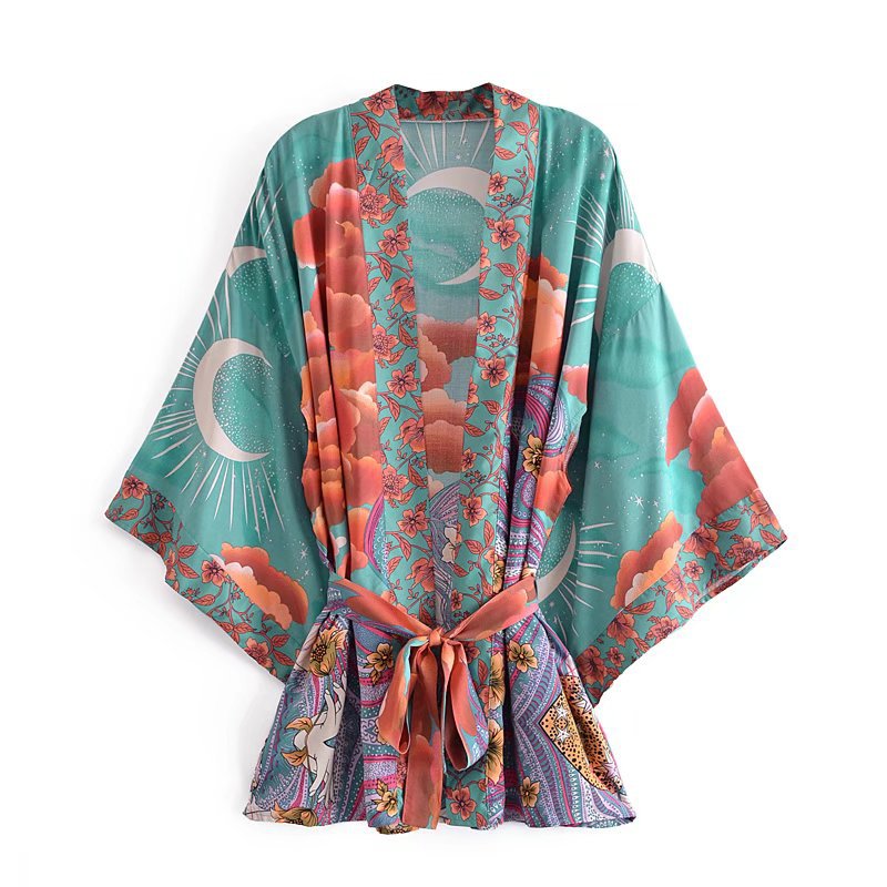 Celestial Moon Floral Boho Kimono - Green
