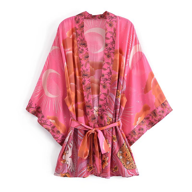 Celestial Moon Floral Boho Kimono - Rose