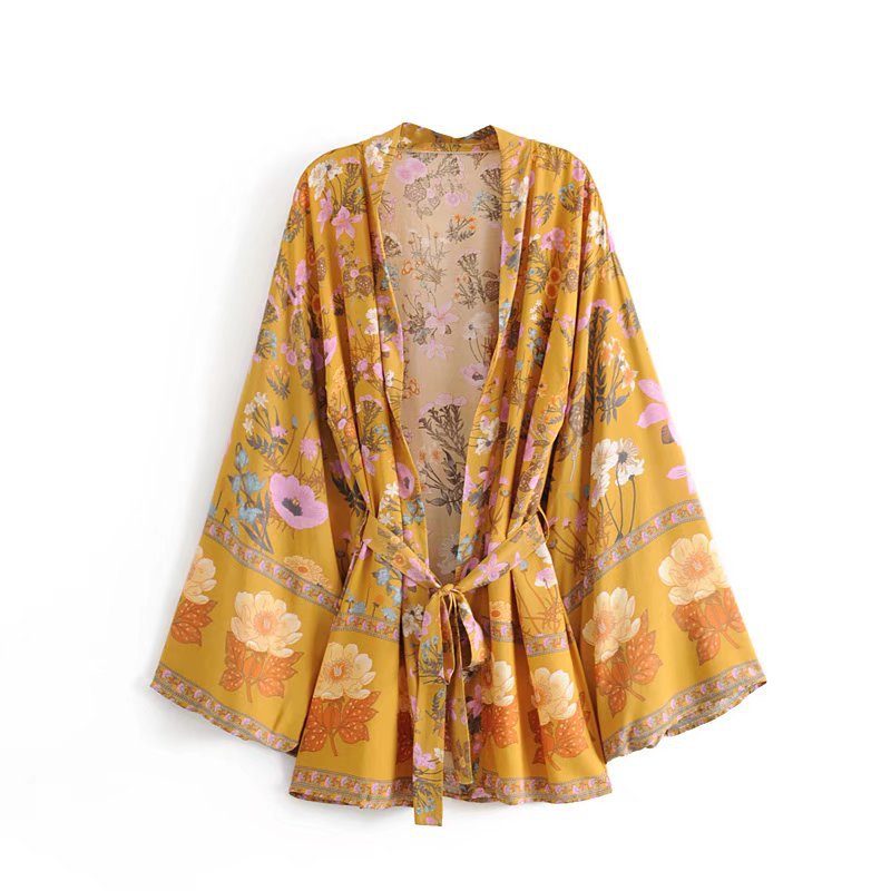 Celestial Moon Floral Boho Kimono - Yellow