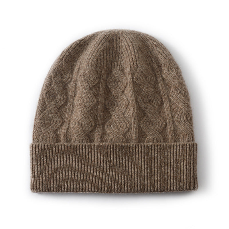 Textured Cable Wool Fold Over Beanie - DCamel