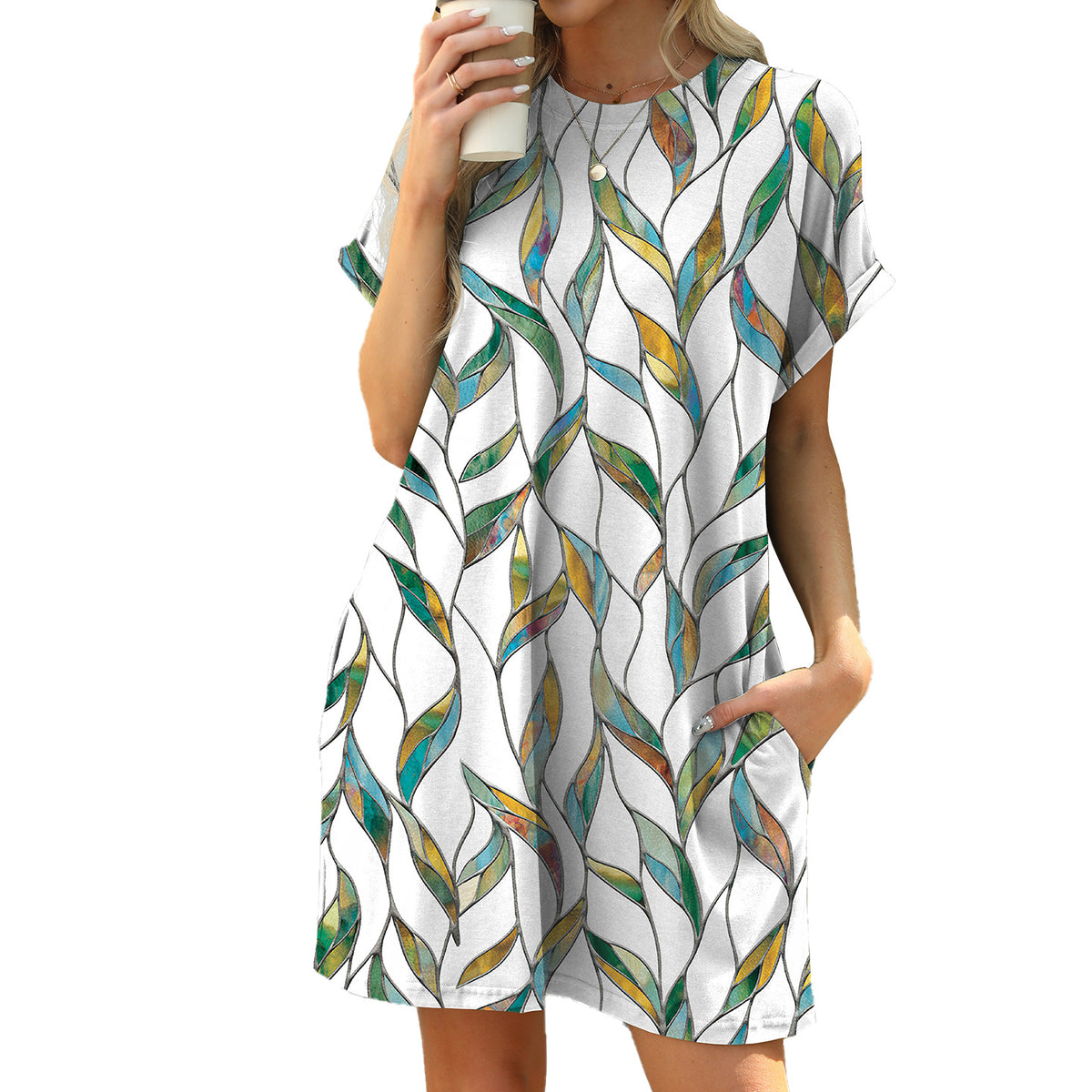 Printed Short Sleeve Pocket Shift Dress - Color_1