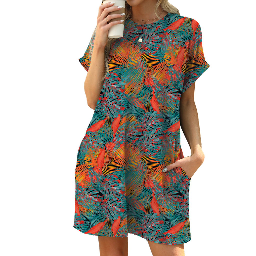 Printed Short Sleeve Pocket Shift Dress - Color_8 - 1