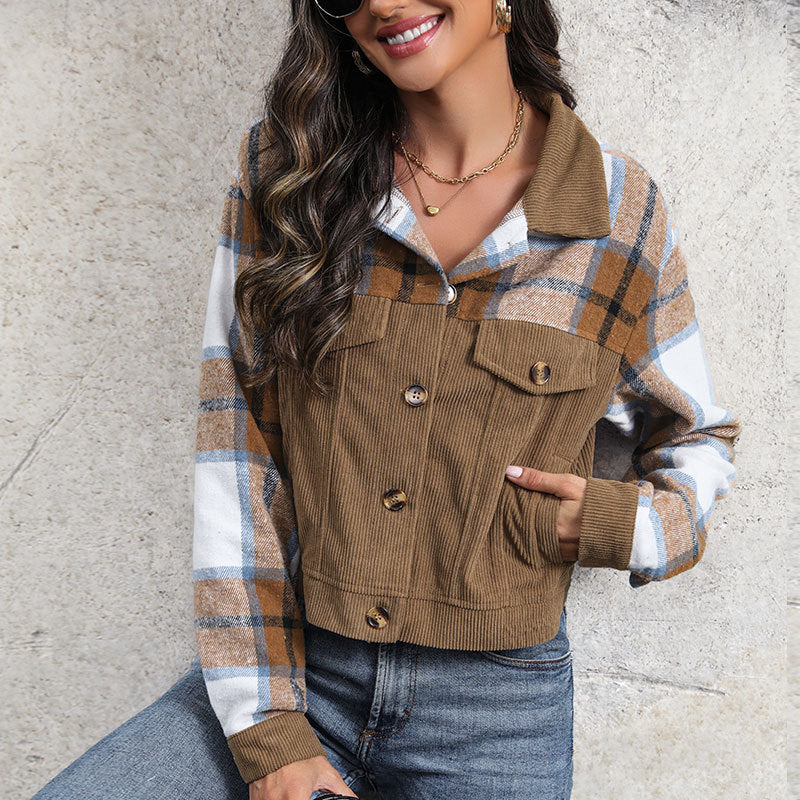 Mixed Check Corduroy Cropped Jacket - Khaki