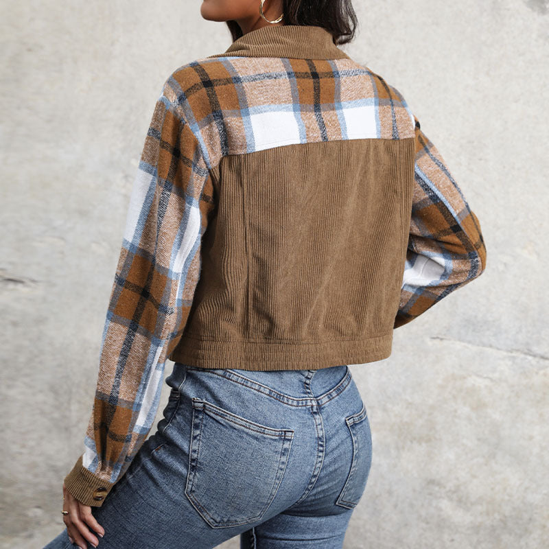 Mixed Check Corduroy Cropped Jacket - Khaki - 1