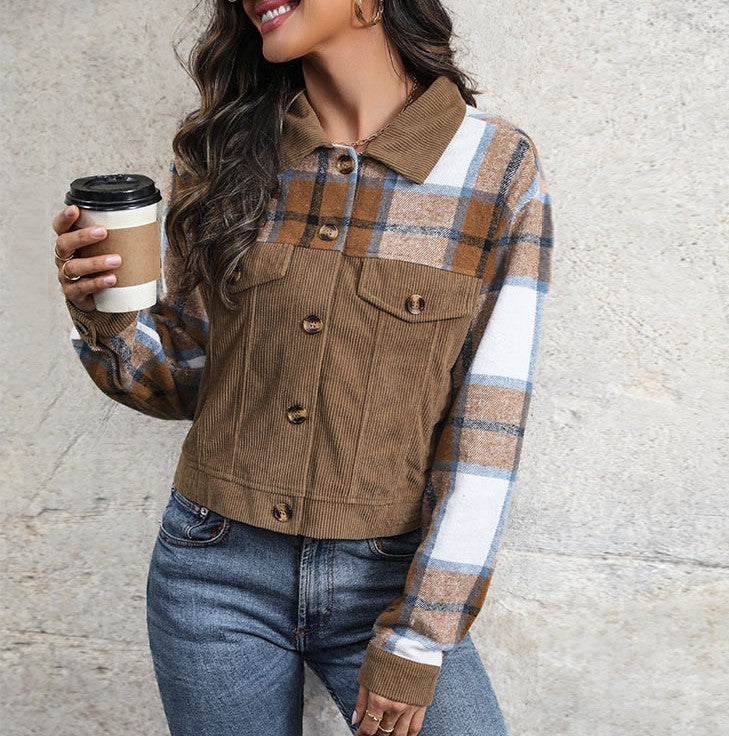 Mixed Check Corduroy Cropped Jacket - Khaki - 2