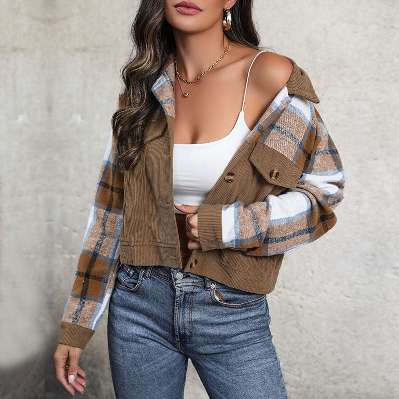 Mixed Check Corduroy Cropped Jacket - Khaki - 3