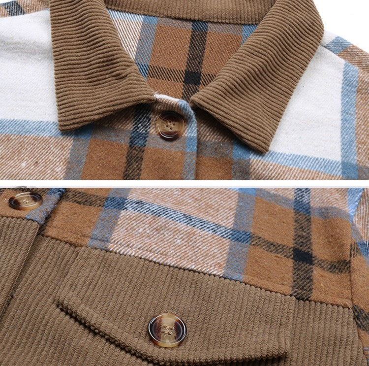Mixed Check Corduroy Cropped Jacket - Khaki - 4
