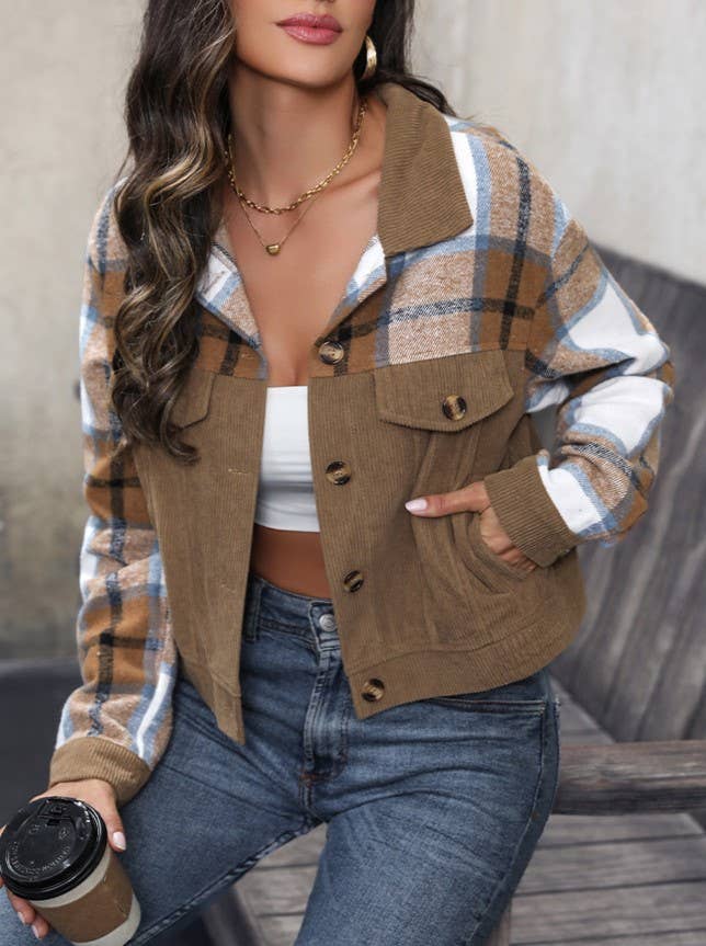 Mixed Check Corduroy Cropped Jacket