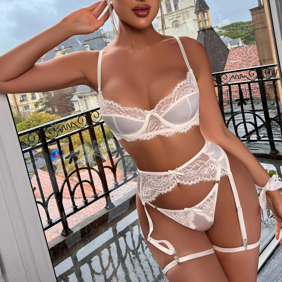 White Satin Lace Underwire Bra Garter Belt Set