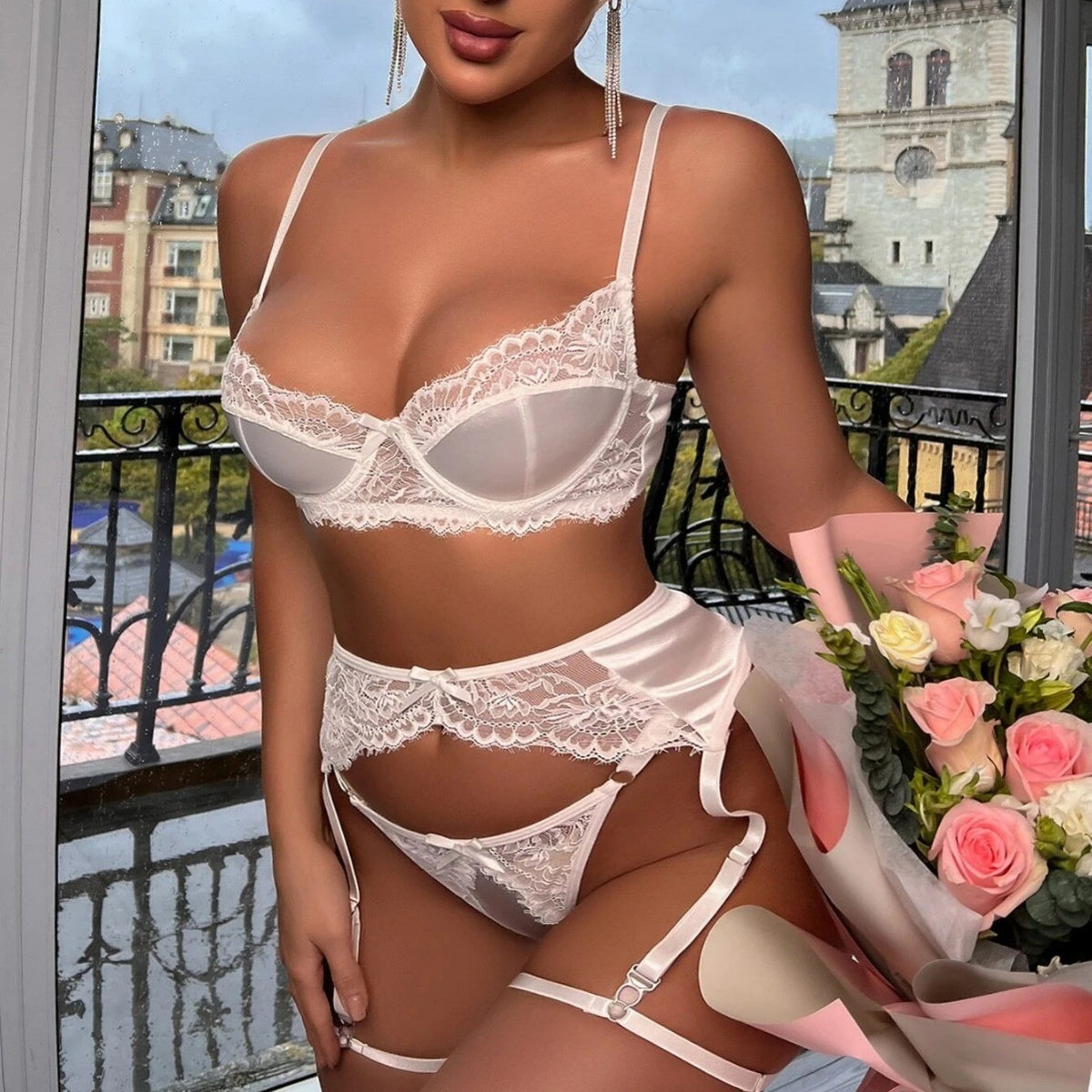 White Satin Lace Underwire Bra Garter Belt Set