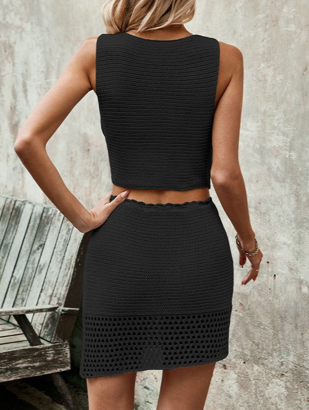 Knit Button Vest and Mini Skirt Set - Black - 1