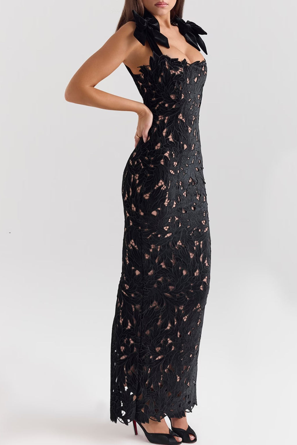 Bow Strap Lace Column Maxi Dress - black - 3