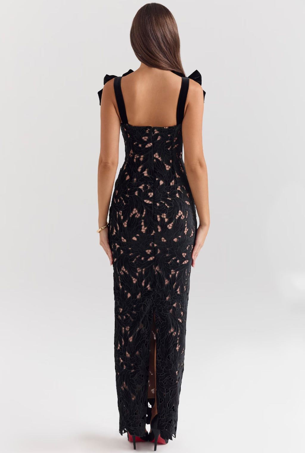 Bow Strap Lace Column Maxi Dress - black - 4