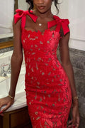 Bow Strap Lace Column Maxi Dress - red