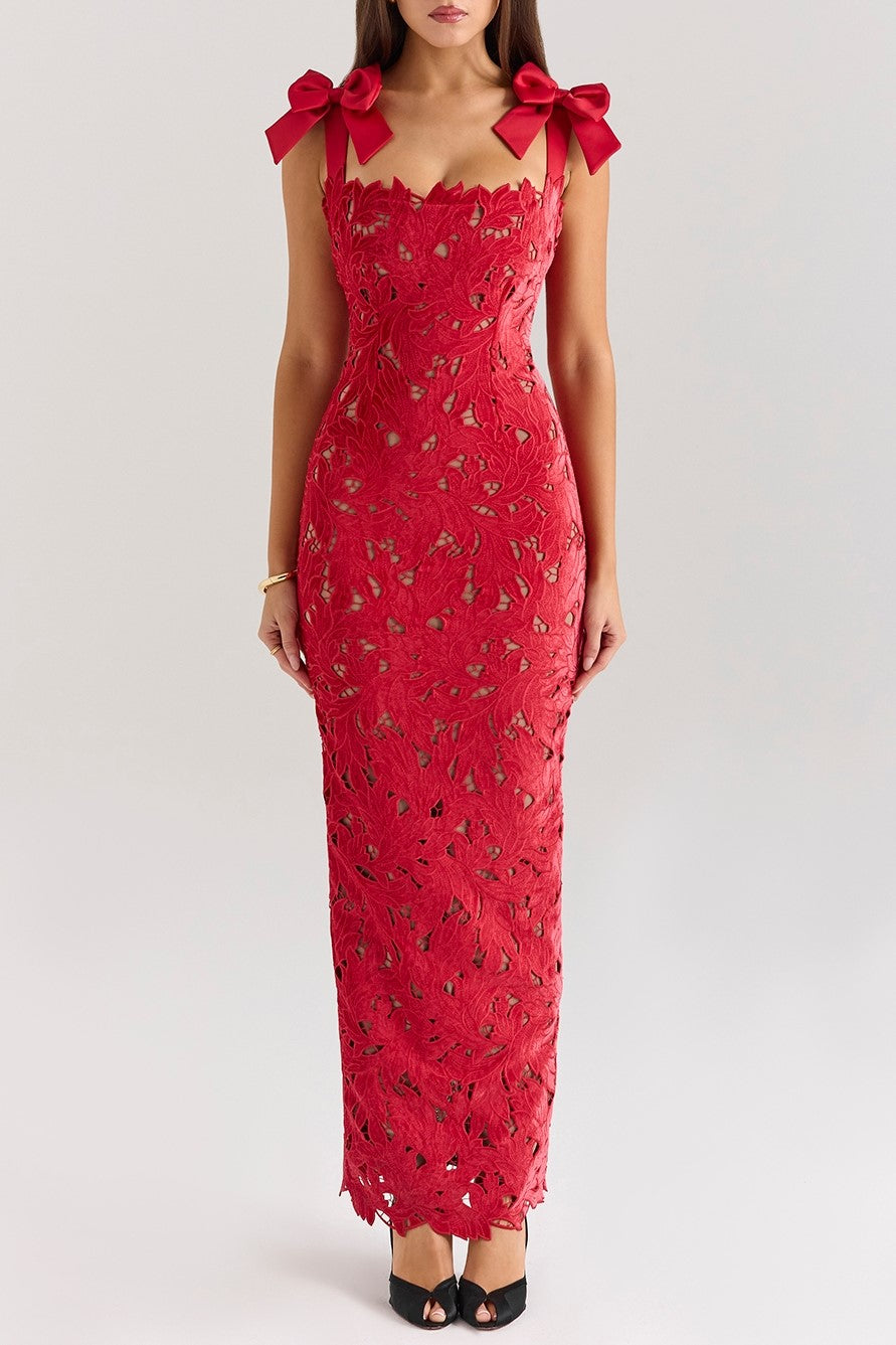 Bow Strap Lace Column Maxi Dress - red - 1