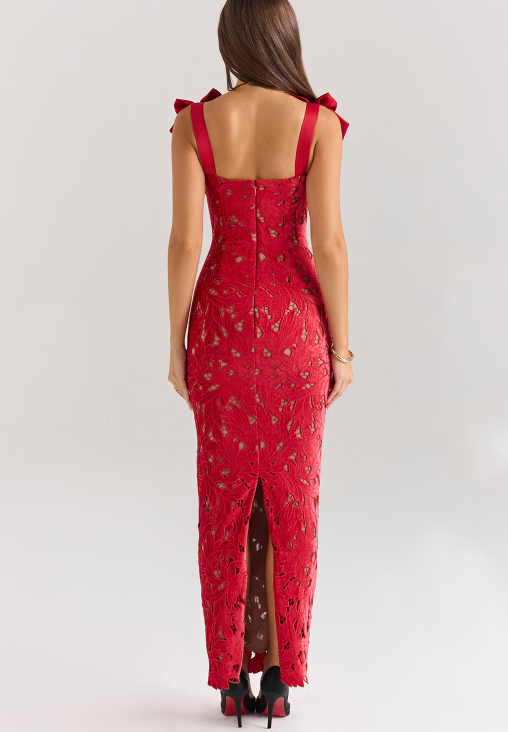 Bow Strap Lace Column Maxi Dress - red - 13