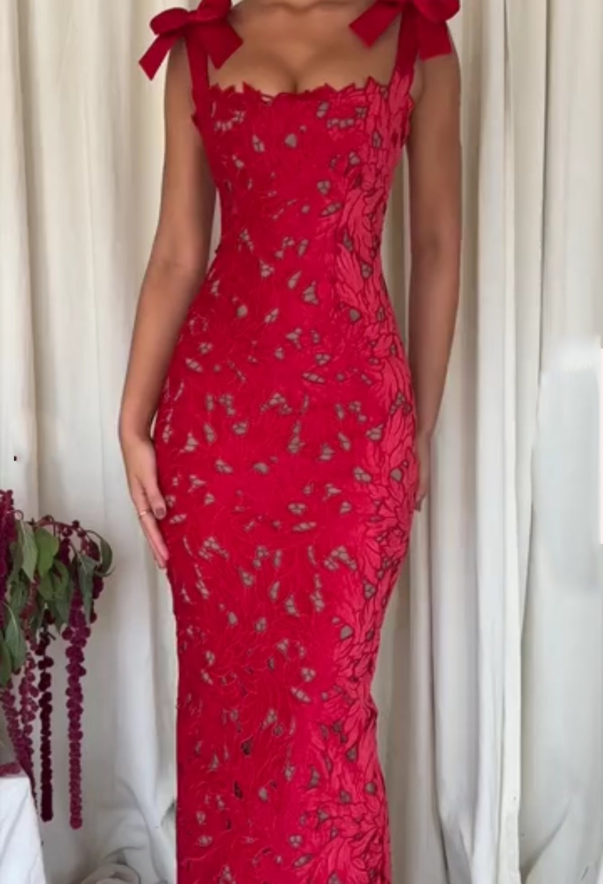 Bow Strap Lace Column Maxi Dress - red - 14