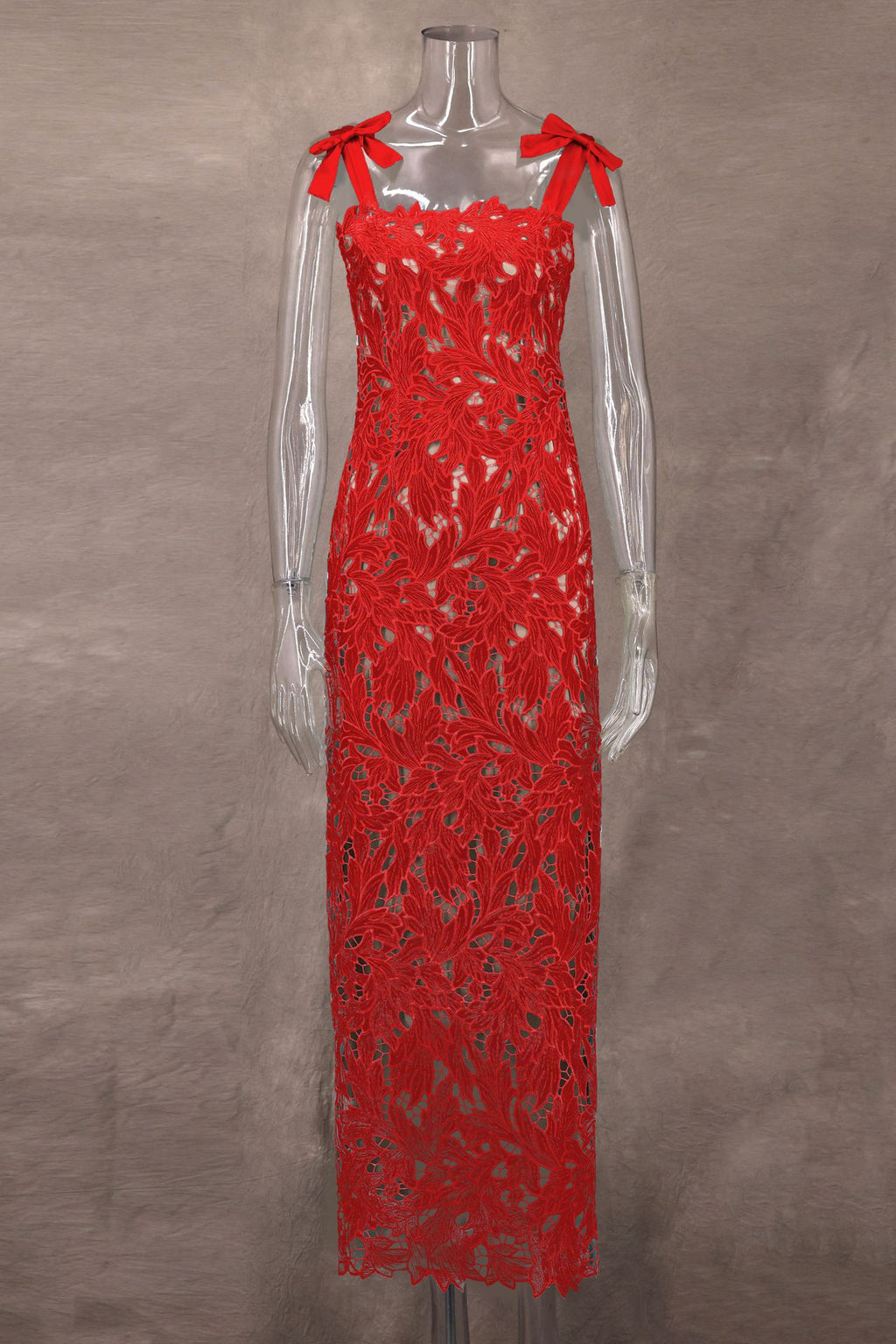 Bow Strap Lace Column Maxi Dress - red - 2