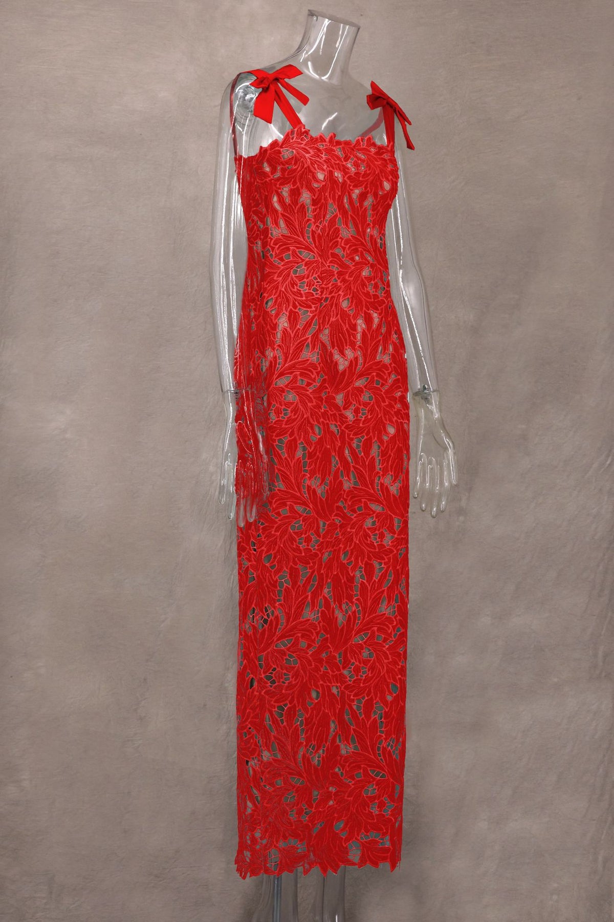 Bow Strap Lace Column Maxi Dress - red - 4