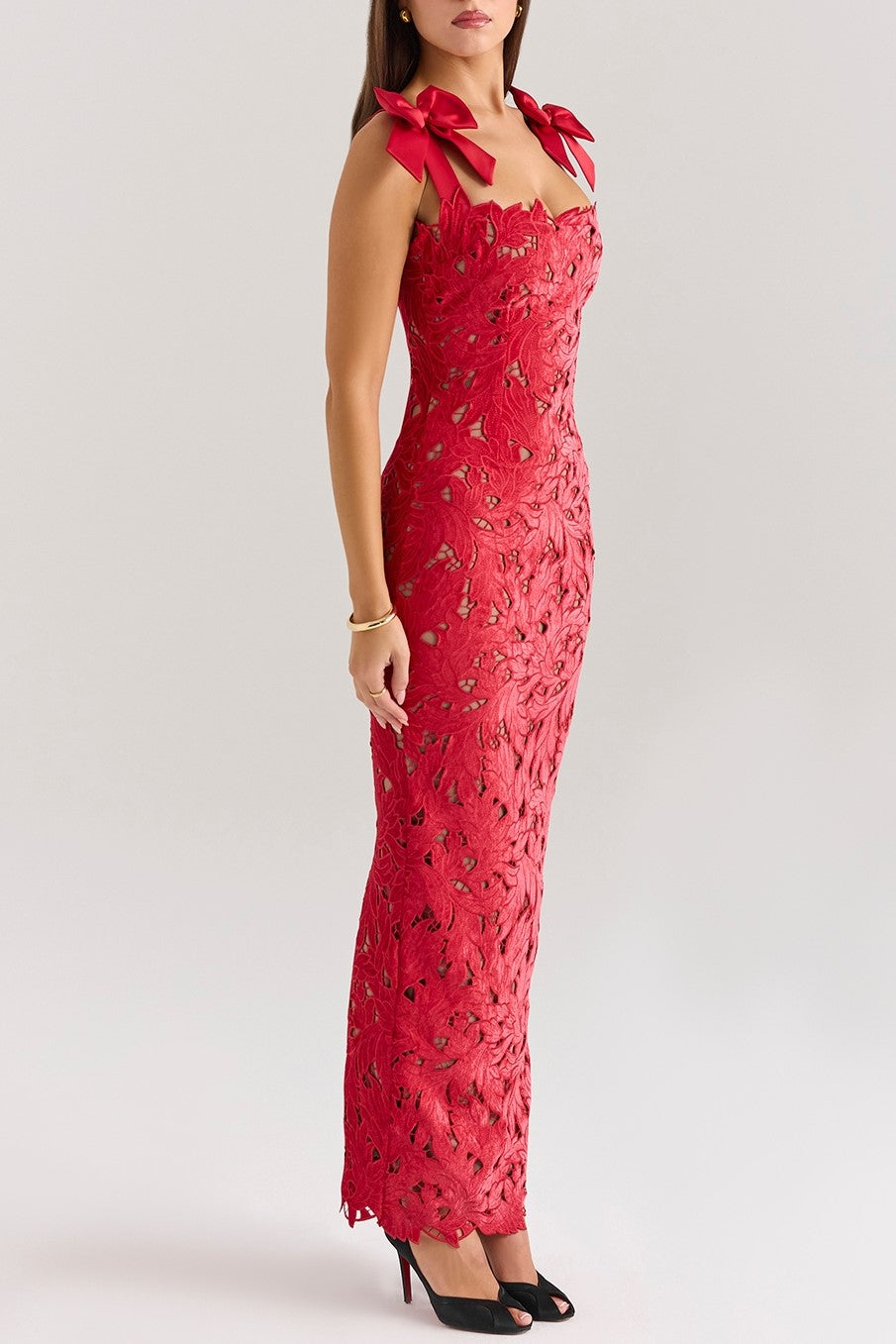 Bow Strap Lace Column Maxi Dress - red - 5