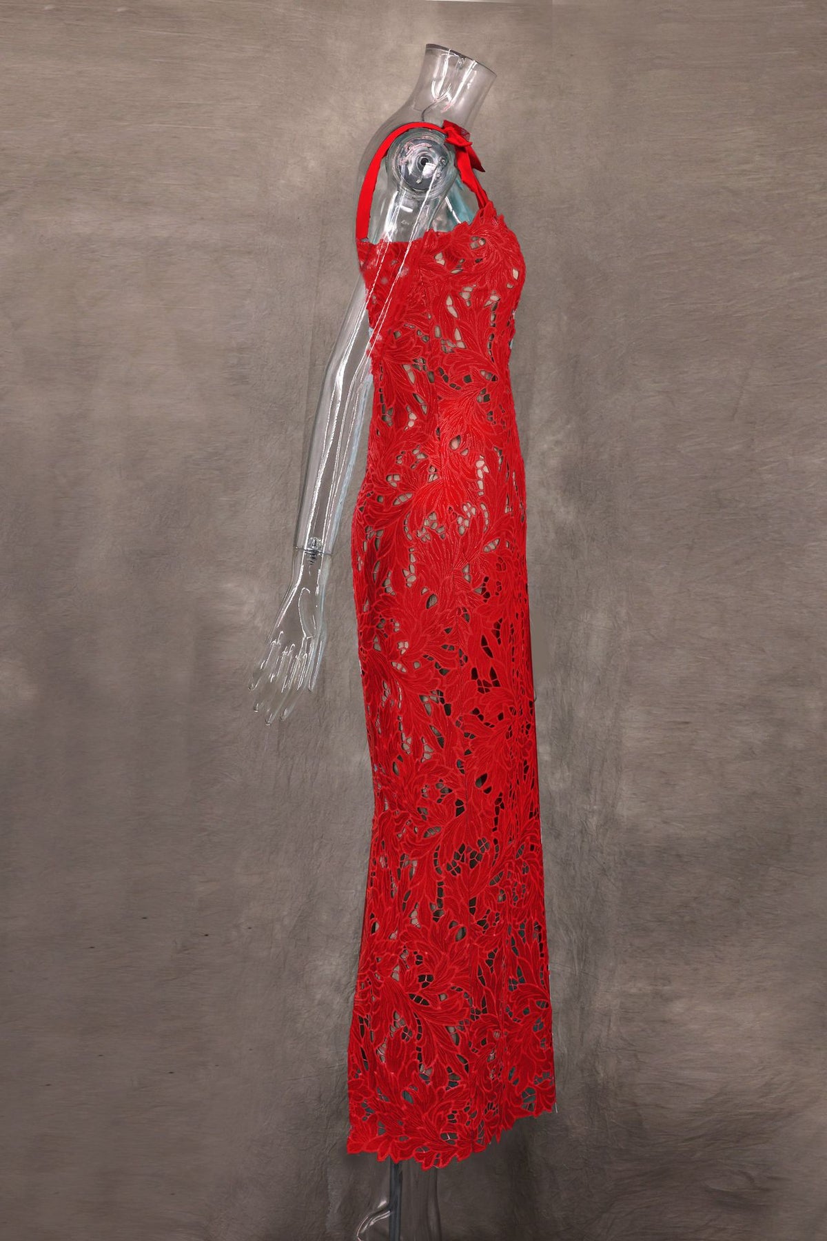Bow Strap Lace Column Maxi Dress - red - 6