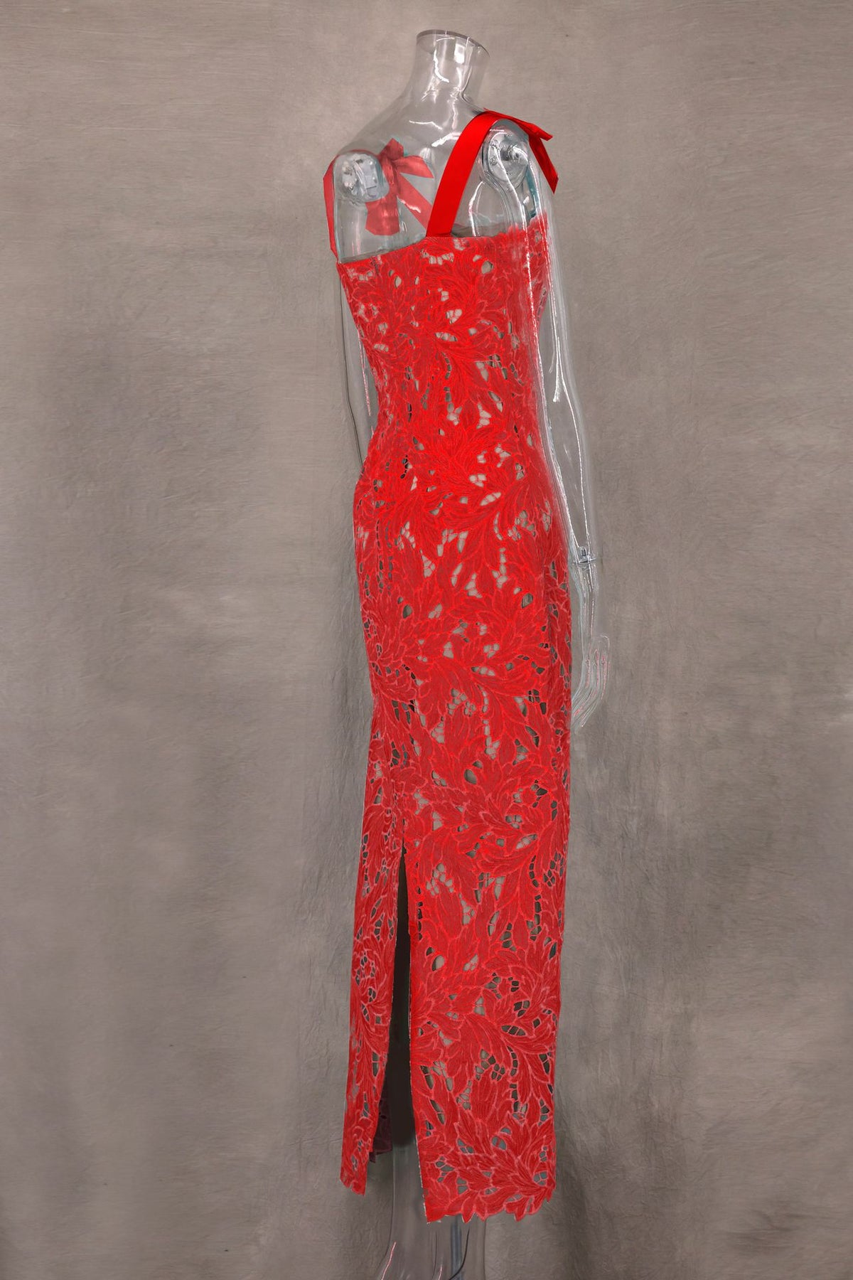 Bow Strap Lace Column Maxi Dress - red - 7