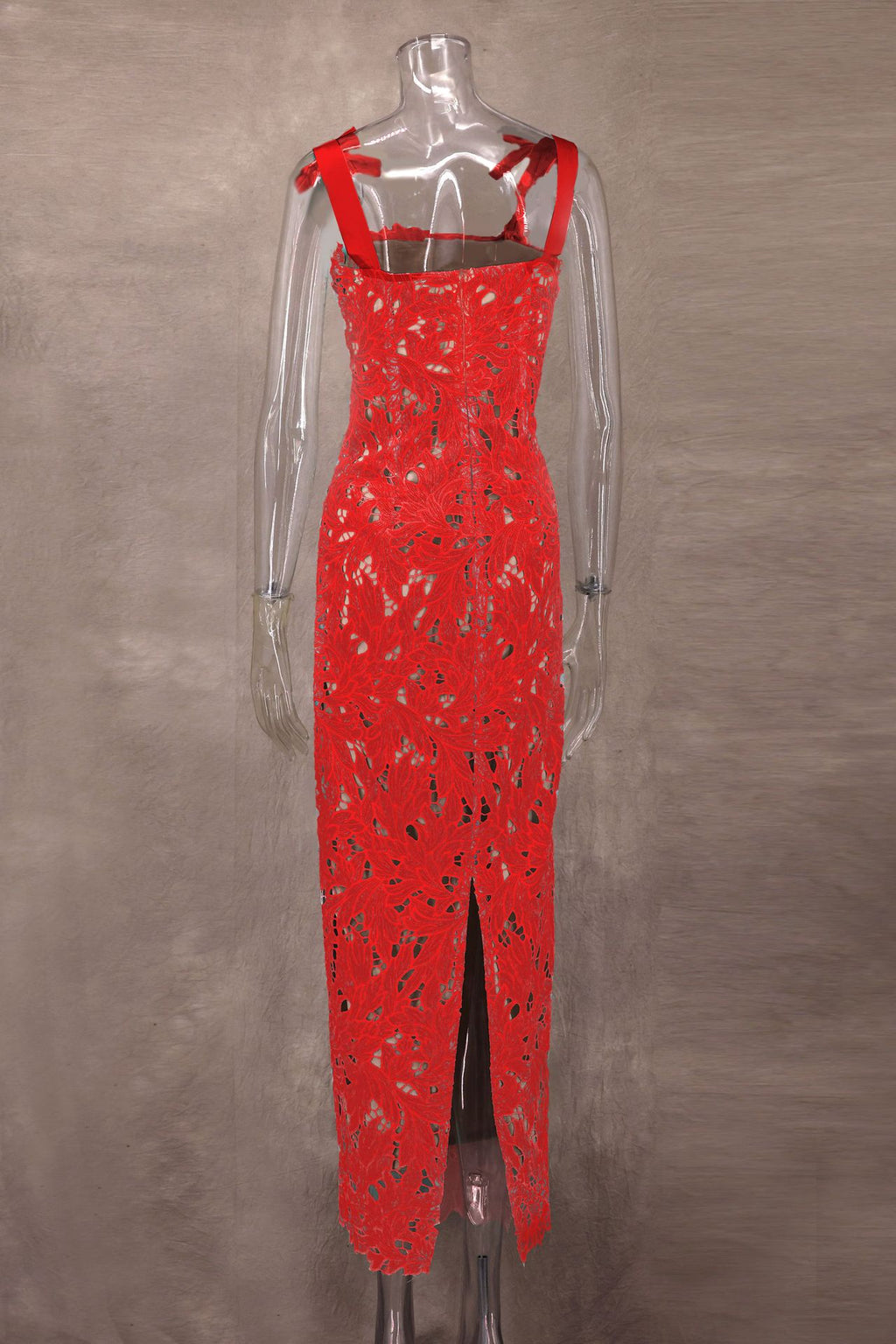 Bow Strap Lace Column Maxi Dress - red - 8