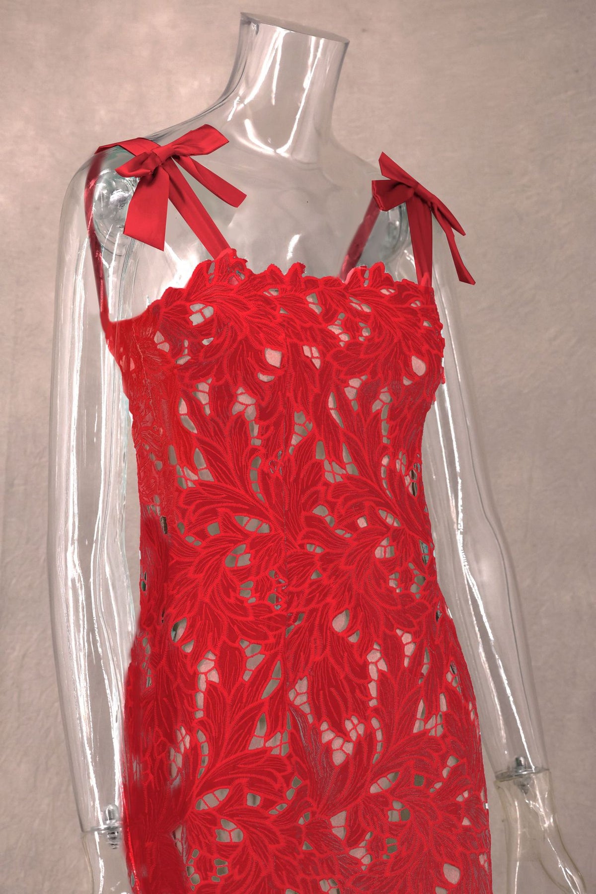 Bow Strap Lace Column Maxi Dress - red - 9