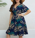 Palm Print Flutter Sleeve Wrap Dress - blue