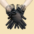 Satin Bow Dotted Mesh Cuff Gloves - Black
