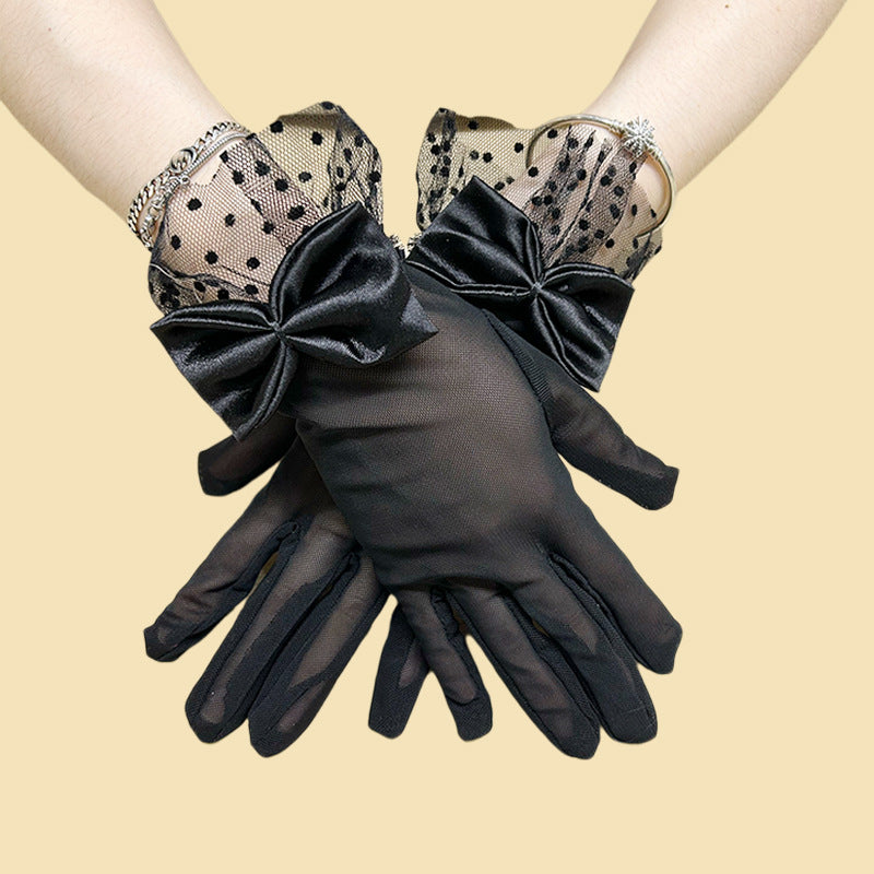 Satin Bow Dotted Mesh Cuff Gloves - Black