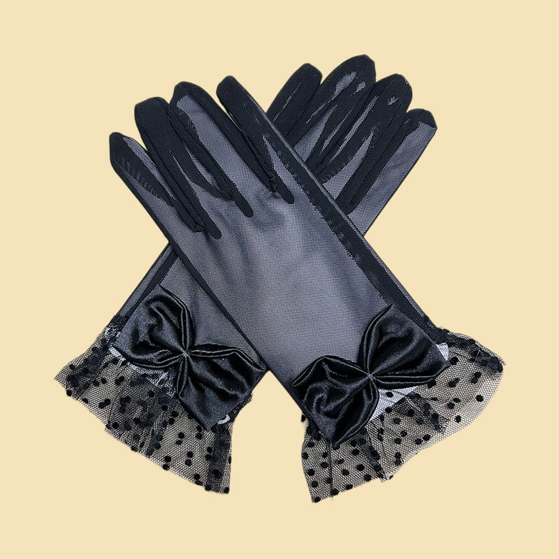 Satin Bow Dotted Mesh Cuff Gloves - Black - 1